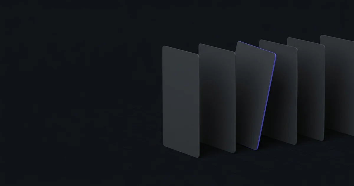 Five dark cards in a row with the third tipped out of line, marked in indigo