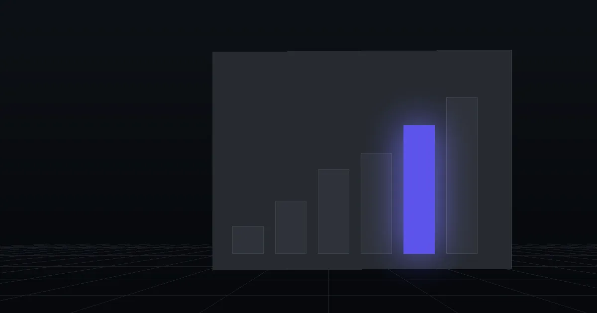 A dark bar chart of rising columns, one column lit indigo