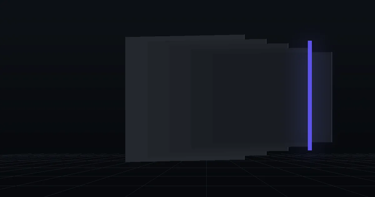Layered dark cards receding into depth, one edge lit indigo