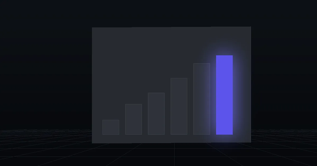 A dark bar chart of rising columns, one column lit indigo