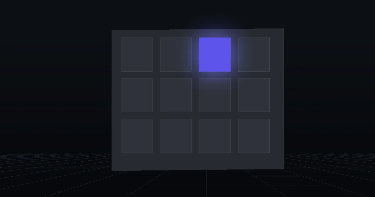 A grid of dark tiles on a slate panel, one tile glowing indigo