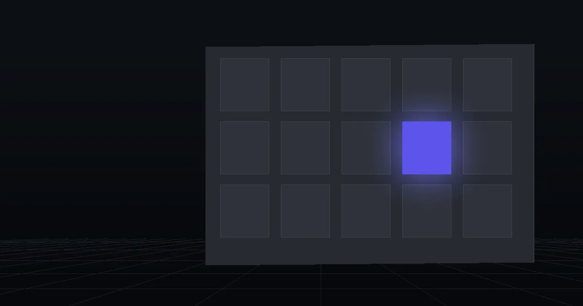 A grid of dark tiles on a slate panel, one tile glowing indigo