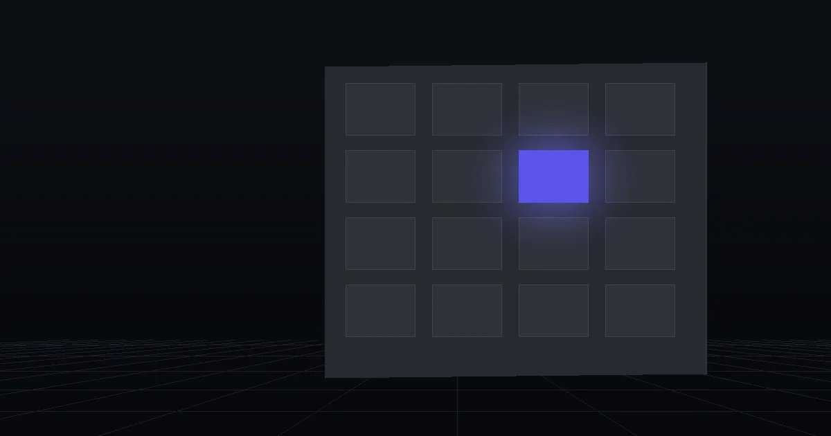 A grid of dark tiles on a slate panel, one tile glowing indigo