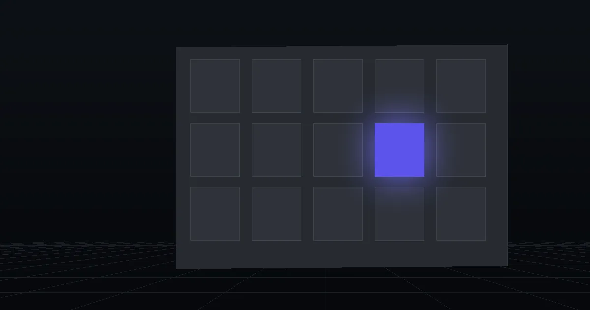 A grid of dark tiles on a slate panel, one tile glowing indigo