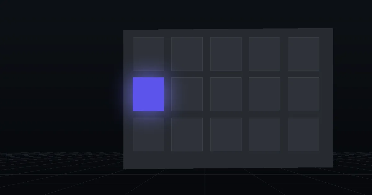 A grid of dark tiles on a slate panel, one tile glowing indigo