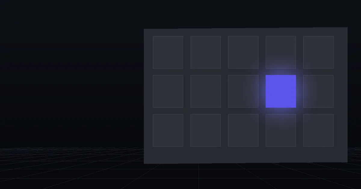 A grid of dark tiles on a slate panel, one tile glowing indigo