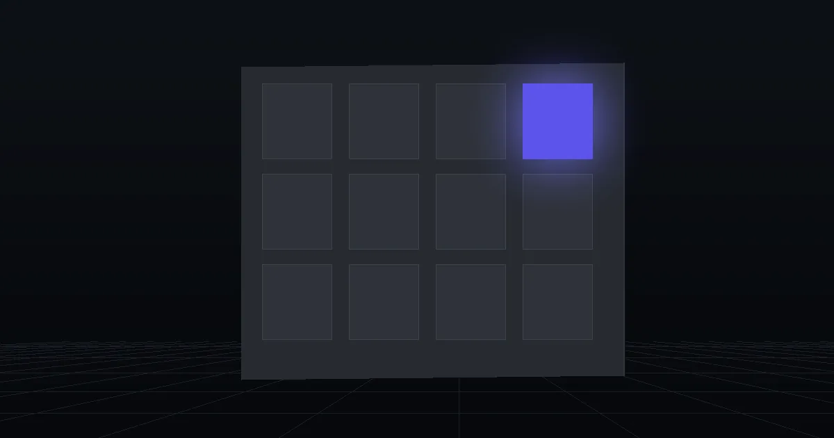 A grid of dark tiles on a slate panel, one tile glowing indigo