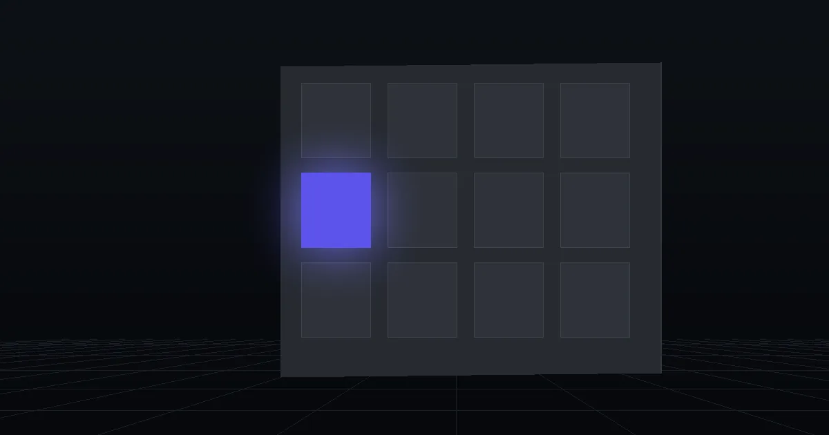 A grid of dark tiles on a slate panel, one tile glowing indigo