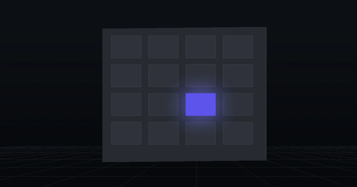 A grid of dark tiles on a slate panel, one tile glowing indigo