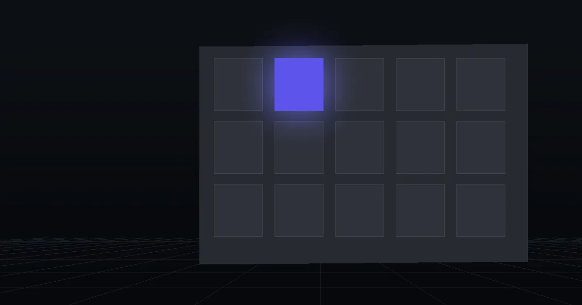 A grid of dark tiles on a slate panel, one tile glowing indigo