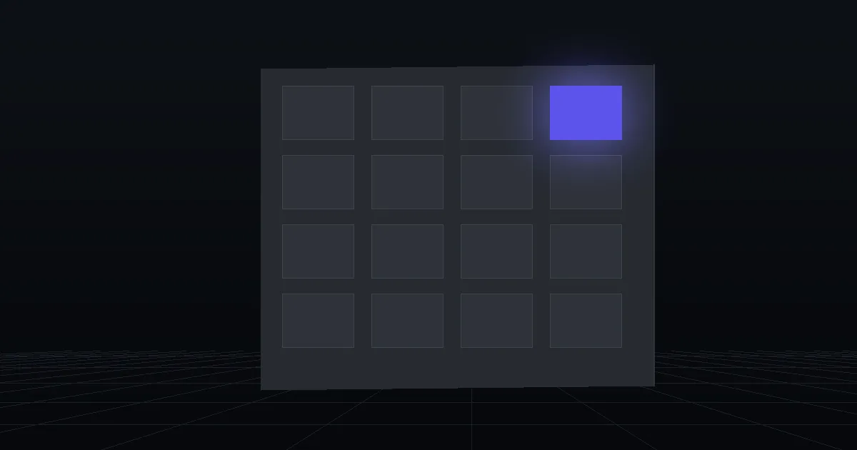 A grid of dark tiles on a slate panel, one tile glowing indigo