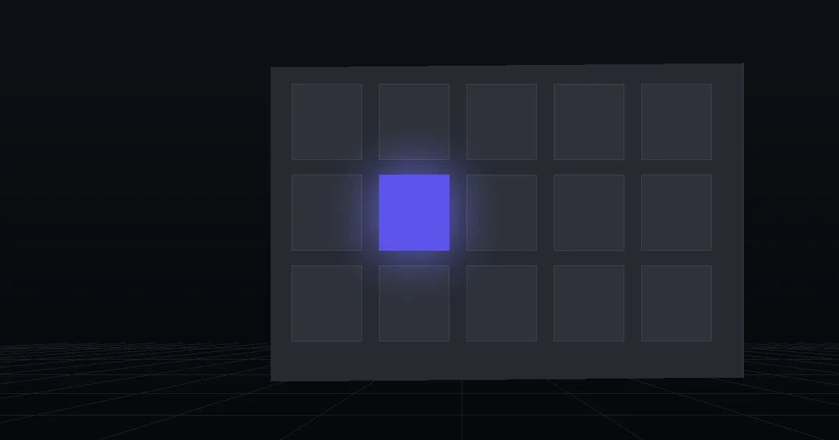 A grid of dark tiles on a slate panel, one tile glowing indigo