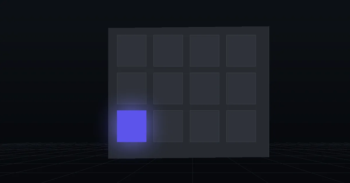 A grid of dark tiles on a slate panel, one tile glowing indigo