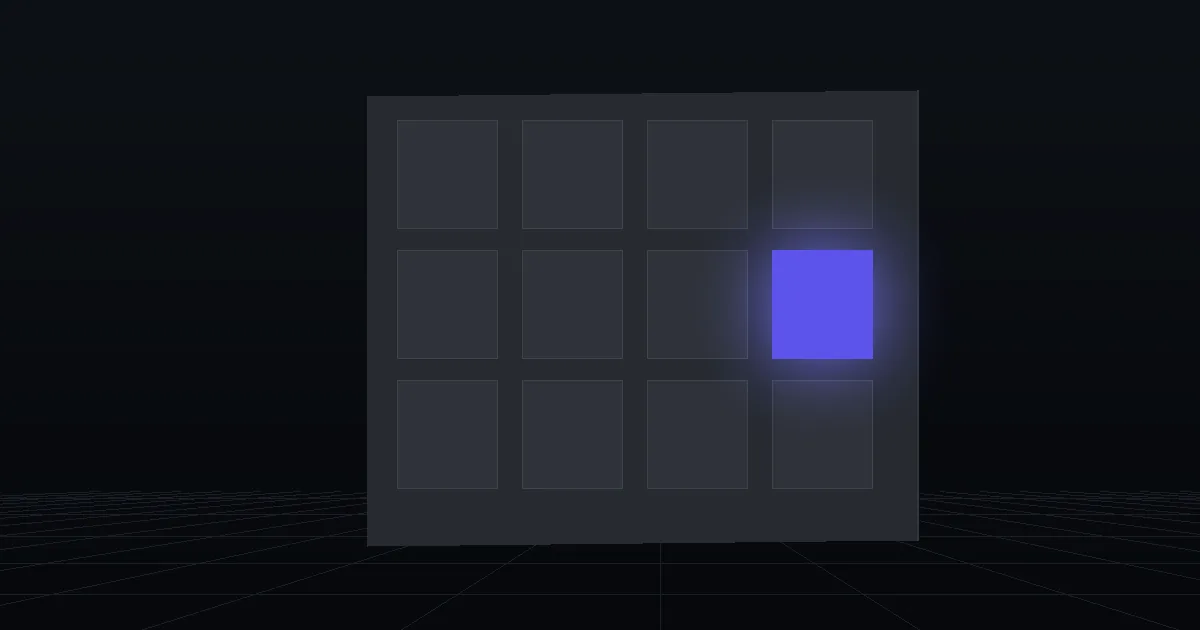 A grid of dark tiles on a slate panel, one tile glowing indigo
