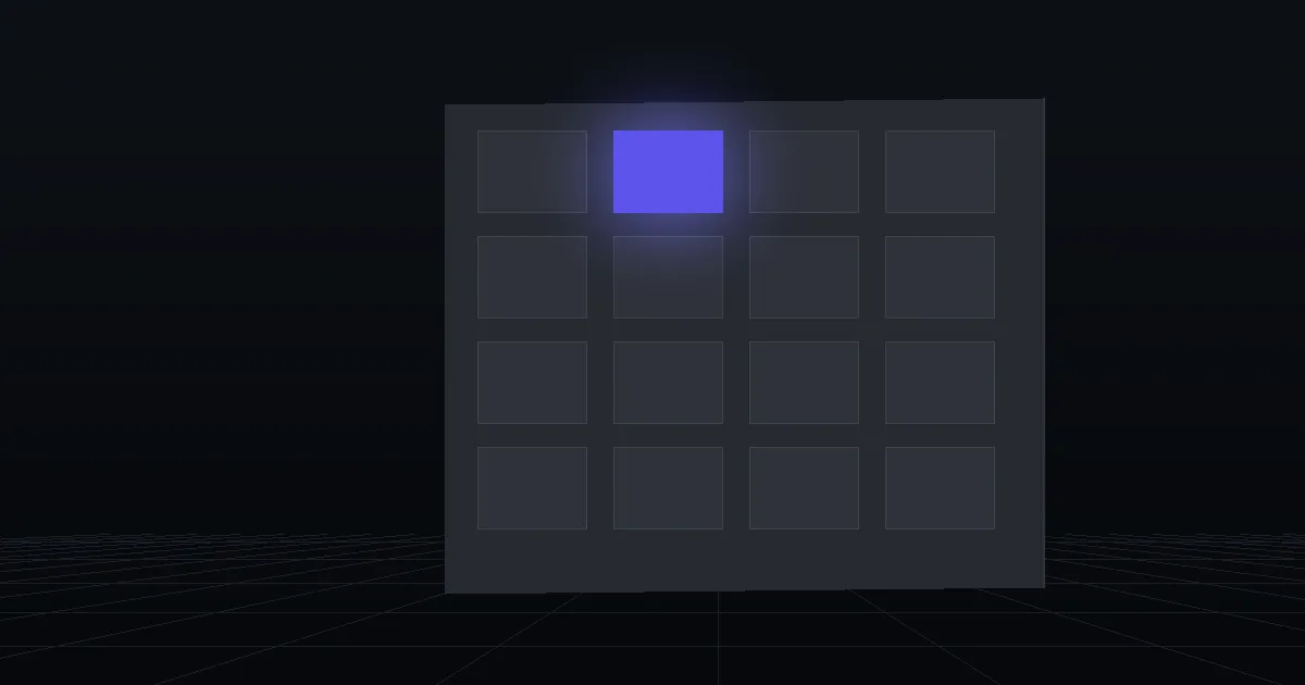 A grid of dark tiles on a slate panel, one tile glowing indigo