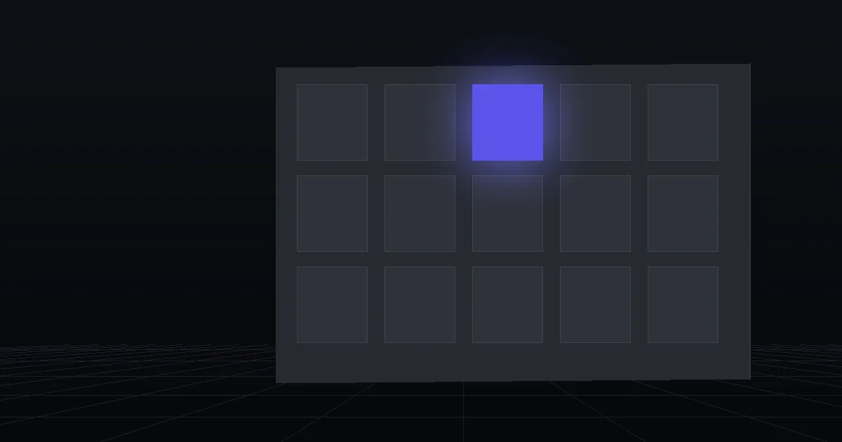 A grid of dark tiles on a slate panel, one tile glowing indigo