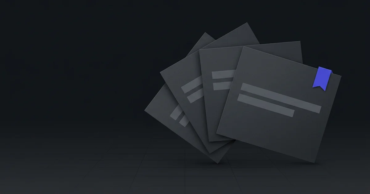 A fan of overlapping dark quote cards with an indigo corner tab on the front card