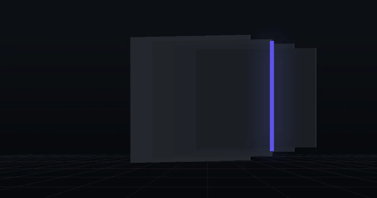 Layered dark cards receding into depth, one edge lit indigo
