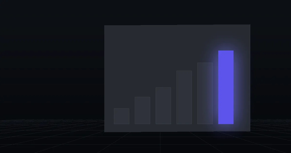 A dark bar chart of rising columns, one column lit indigo