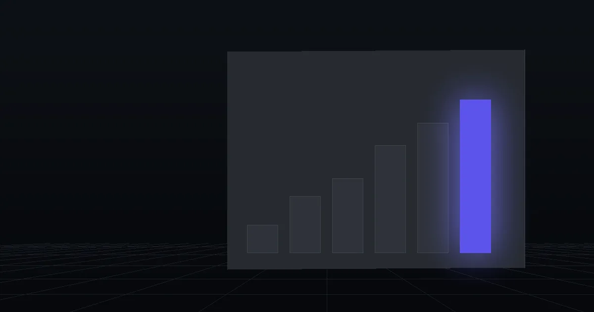 A dark bar chart of rising columns, one column lit indigo