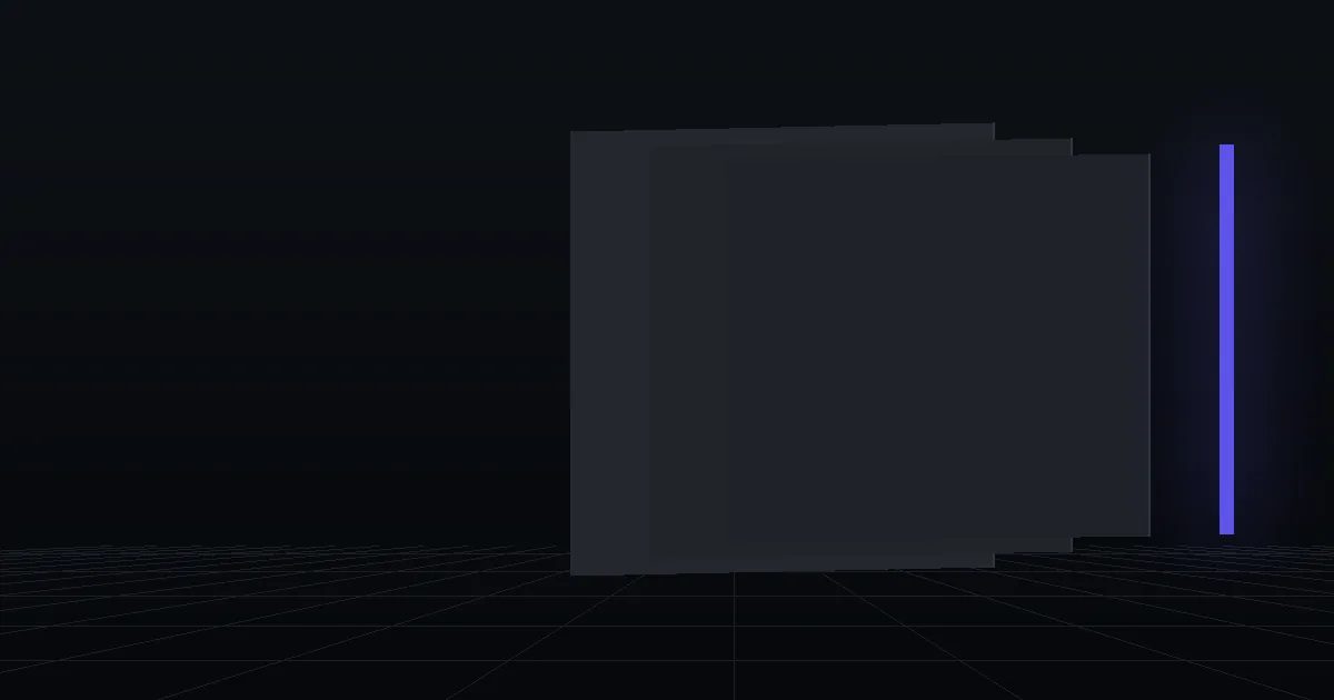 Layered dark cards receding into depth, one edge lit indigo