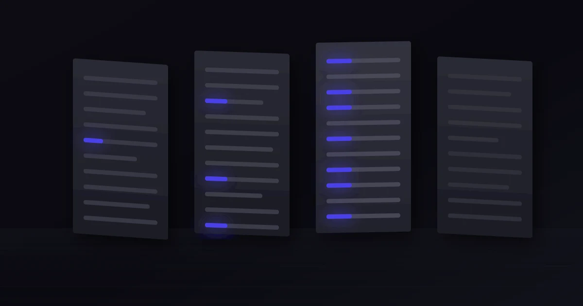 Four dark panels of identical text rows, each lit with a different number of indigo citation marks, the last with none