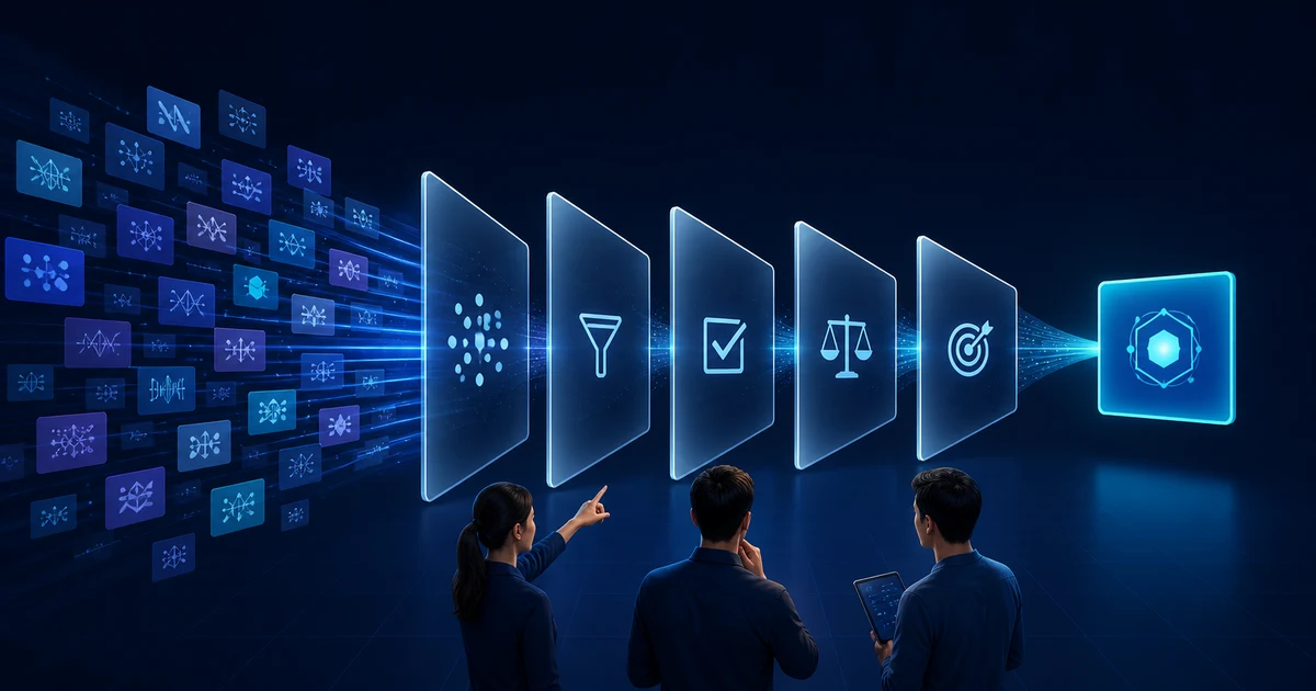 A field of AI tool cards passing through evaluation checkpoints until one well-matched tool remains