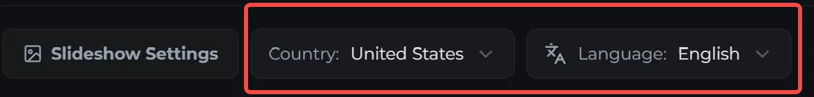 Slideshow settings with the country and language fields highlighted, set to United States and English