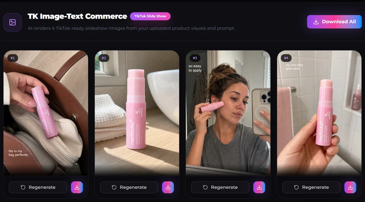 Four AI-generated slides of a pink product — held in hand, on a desk, in use, and close up — each with a regenerate button