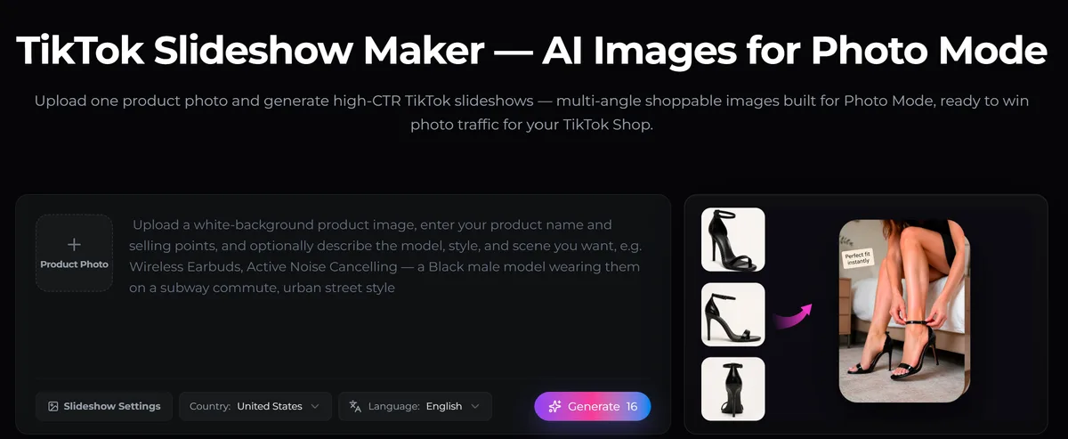 The TikTok Slideshow Maker interface with a product photo upload panel on the left and generated slide examples on the right