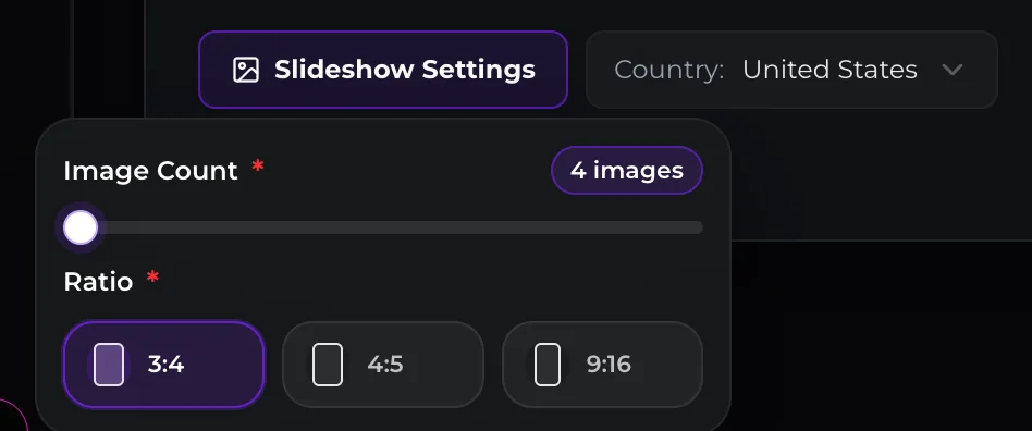 Slideshow settings showing a country dropdown, an image count slider set to four images, and 3:4, 4:5 and 9:16 ratio options