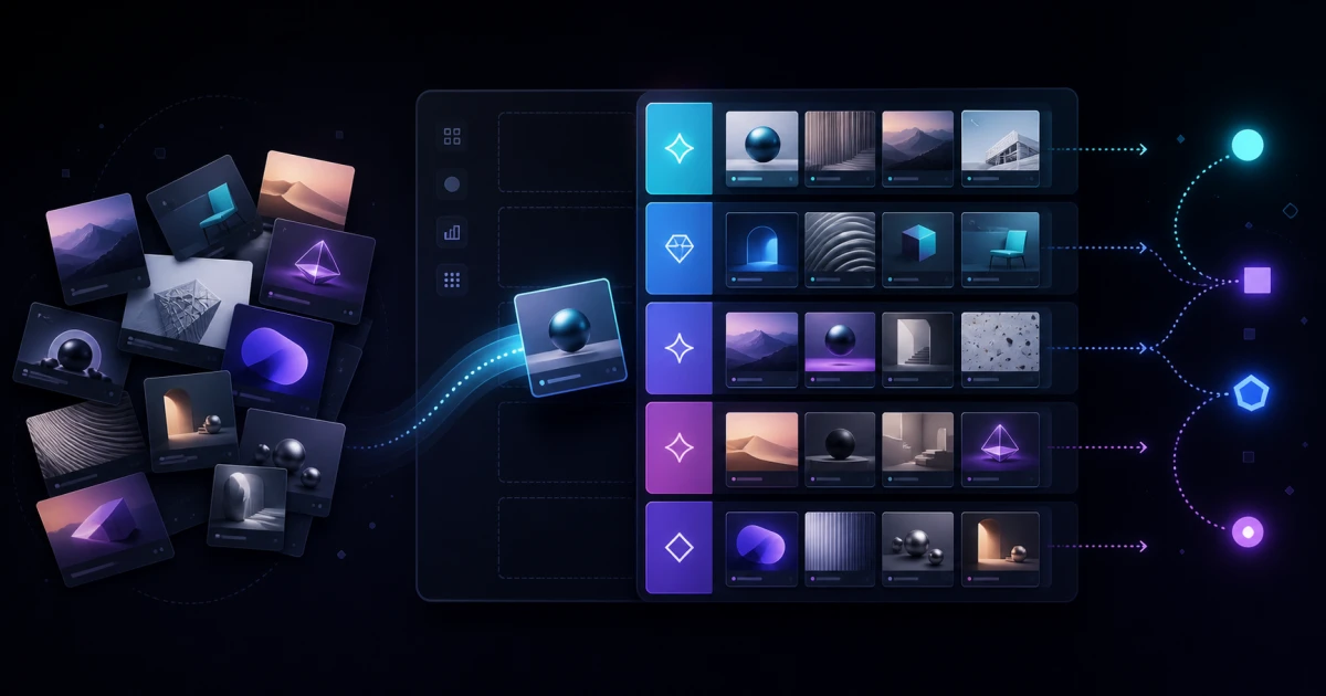 Abstract creator workflow showing content cards organized into ranked tier rows
