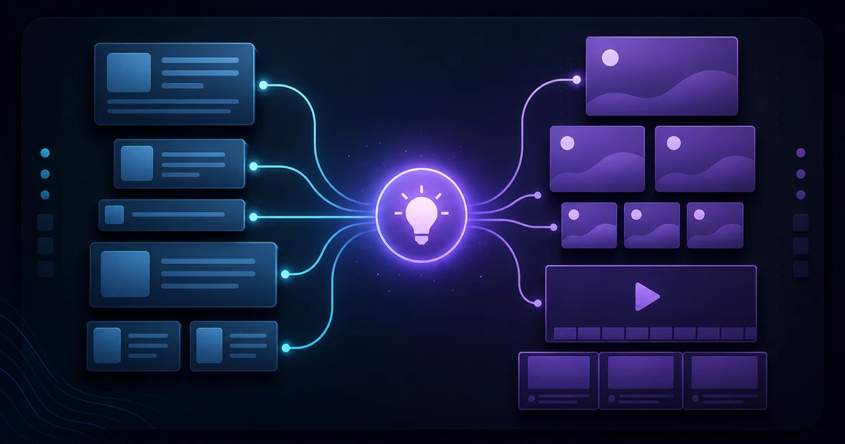 One content idea branching into copy cards, visual cards, and video storyboard panels