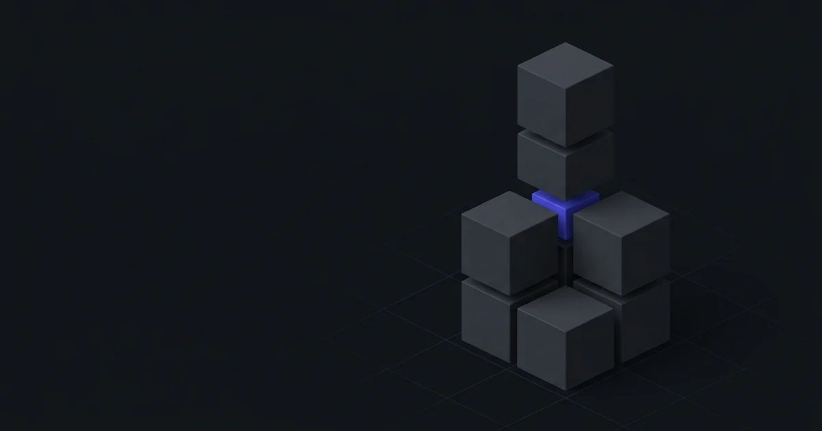 Modular dark cubes assembling into a tower with one indigo joint