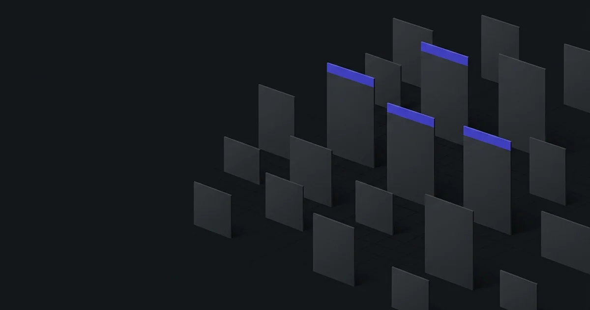 A field of dark cards at varying heights, three standing taller with indigo edges