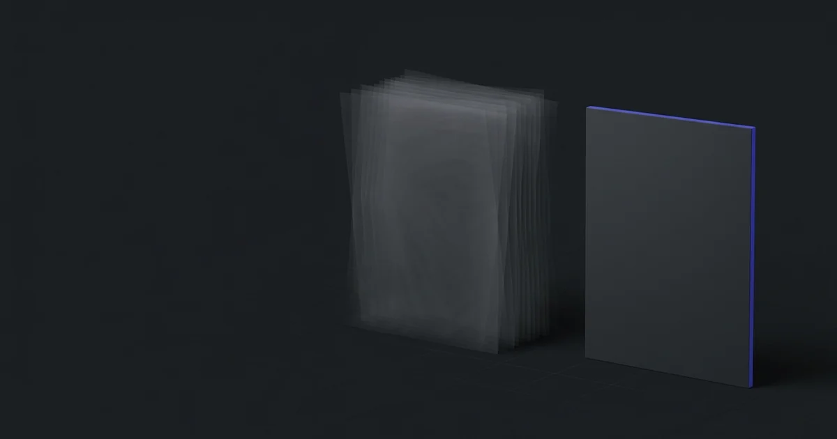 A smeared stack of ghosted copies beside one crisp panel with a clean indigo edge